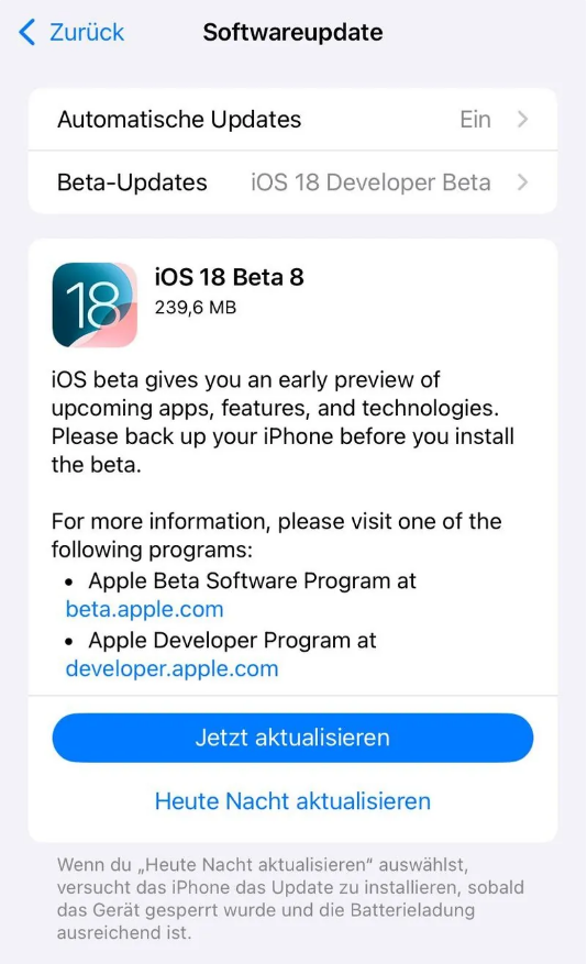 徽州苹果手机维修分享苹果 iOS / iPadOS 18 开发者预览版 Beta 8 发布 